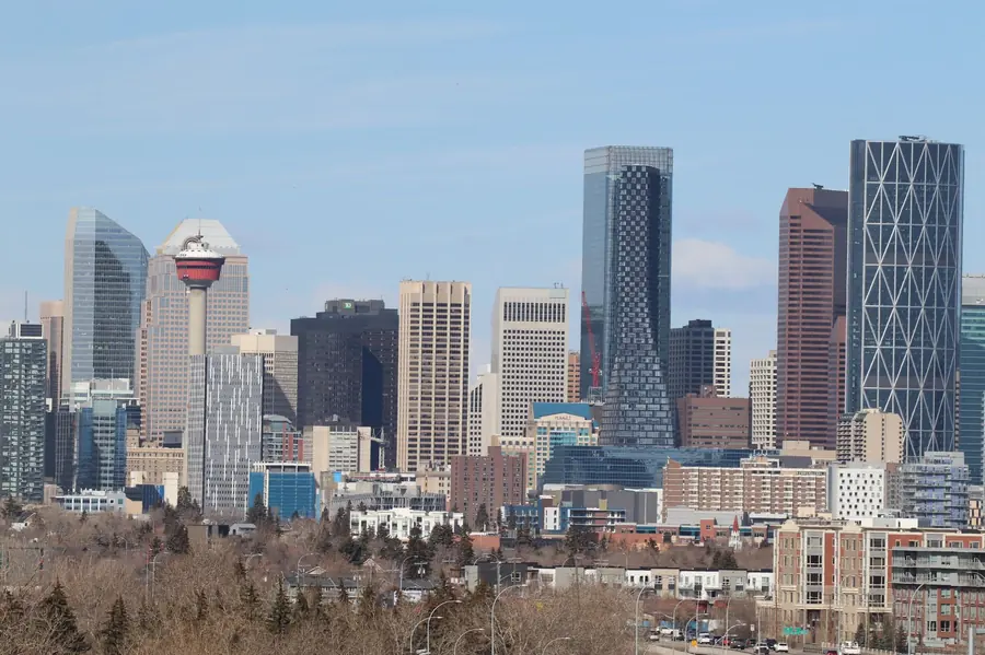 Calgary's downtown towers and the Calgary Tower seen from the east on a bright winter afternoon